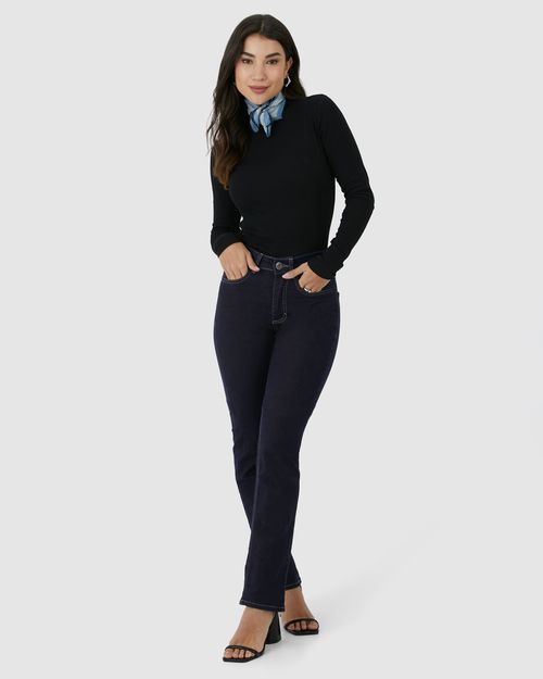 Calça Reta Feminina Cintura Média Bolso Funcional Em Flex Jeans