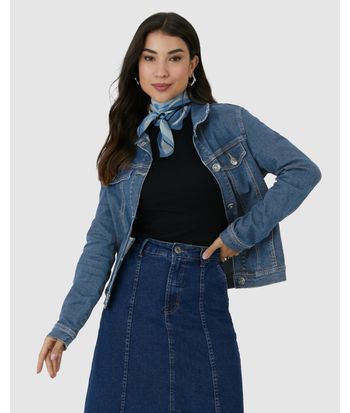 Jaqueta Feminina Lapela Decorativa Em Jeans Com Elastano