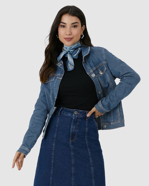 Jaqueta Feminina Lapela Decorativa Em Jeans Com Elastano