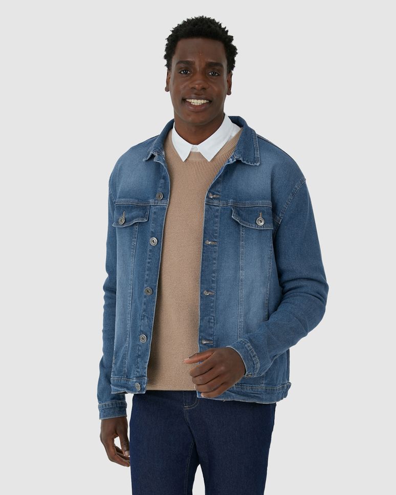 Jaqueta Masculina Bolso Funcional Em Jeans Com Elastano