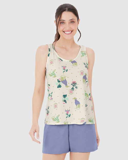 Pijama Feminino Regata Estampada Em Algodão