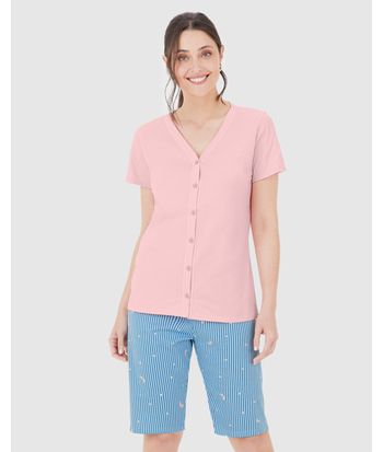 Pijama Feminino Camisa Abotoamento Frontal E Bermuda Em Algodão