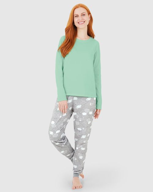 Pijama Feminino Blusa Manga Longa E Calça Estampada Em Algodão