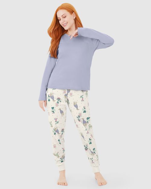 Pijama Feminino Blusa Manga Longa E Calça Estampada Em Algodão