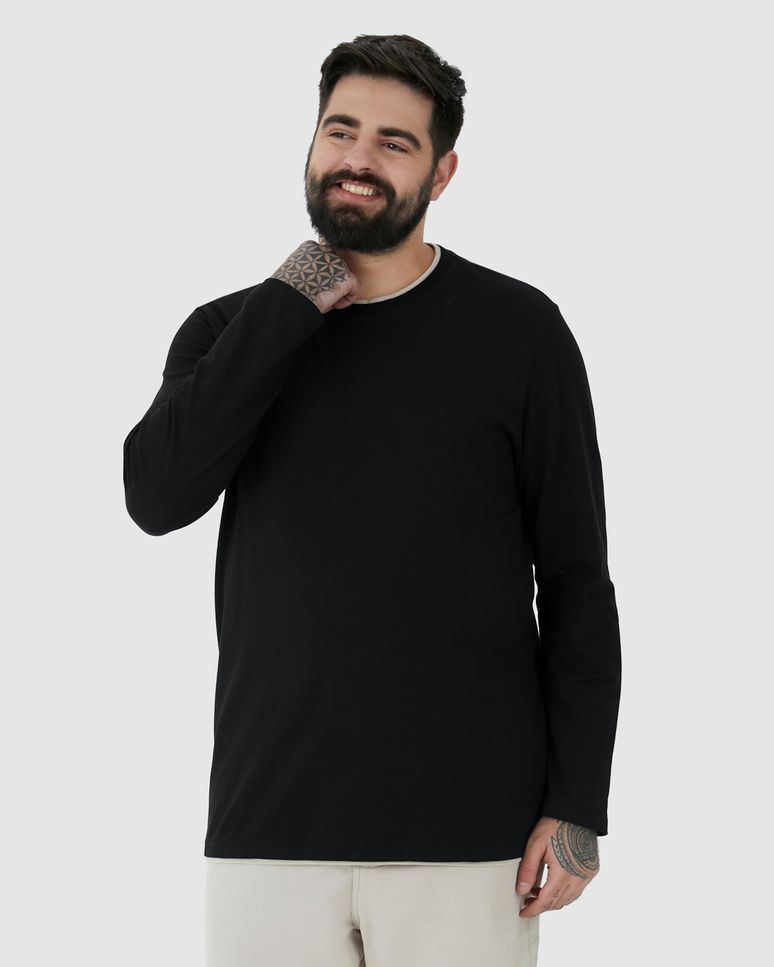 Camiseta Masculina Plus Size Gola Redonda Manga Longa Em Piquet Stretch