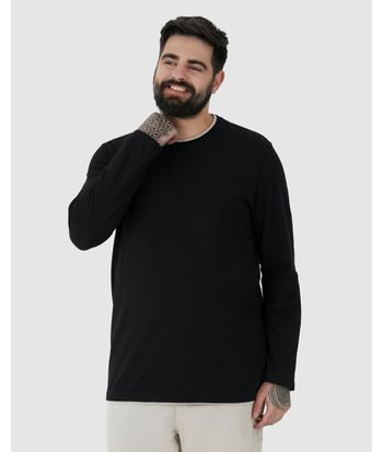 Camiseta Masculina Plus Size Gola Redonda Manga Longa Em Piquet Stretch