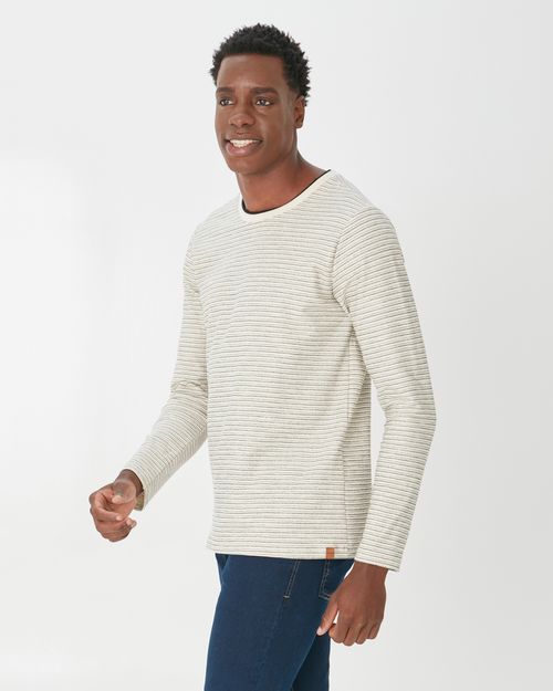 Camiseta Masculina Manga Longa Em Malha Texturizada Listrada