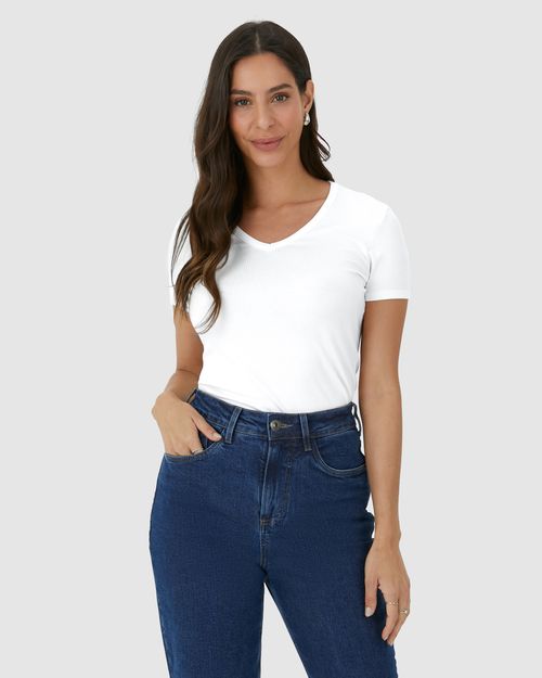 Blusa Básica Feminina Justa Decote V Em Malha Canelada De Viscose