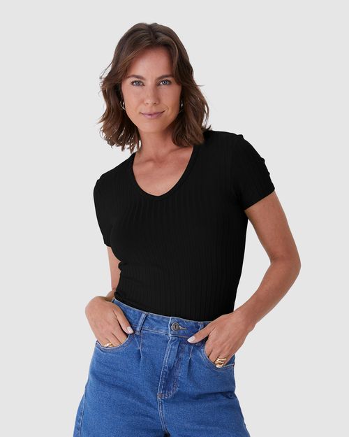 Blusa Básica Feminina Justa Decote V Em Malha Canelada De Viscose