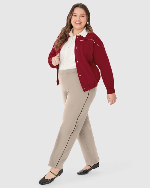 Calça Reta Feminina Plus Size Bolso Funcional Em Moletom Stretch