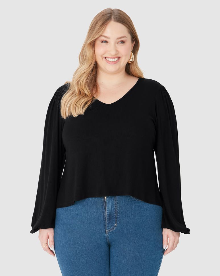 Blusa Feminina Plus Size Decote V Manga Longa Em Malha Viscose Canelada