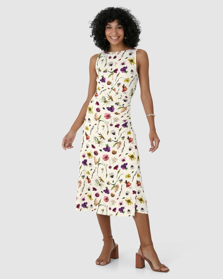 Vestido Midi Feminino Pregas Laterais Em Malha Viscolinho Stretch