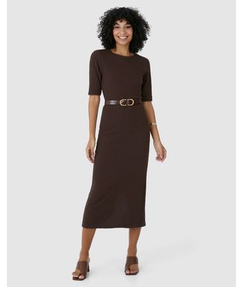 Vestido Midi Feminino Justo Decote Canoa Em Jacquard Texturizado