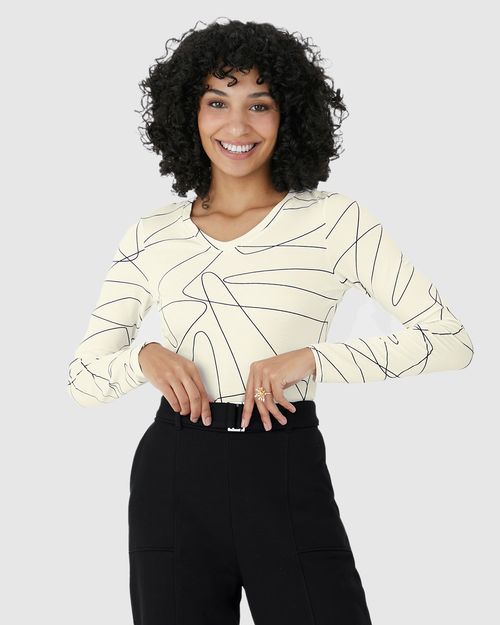 Blusa Justa Feminina Decote V Estampada Em Viscose Stretch
