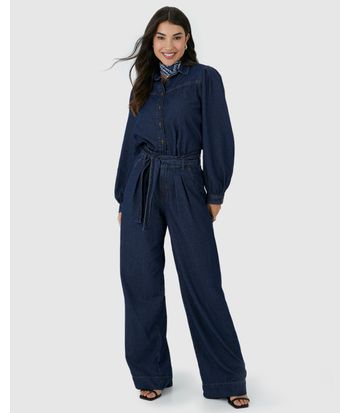 Calça Wide Leg Feminina Pregas Frontais Com Cinto Em Jeans Leve