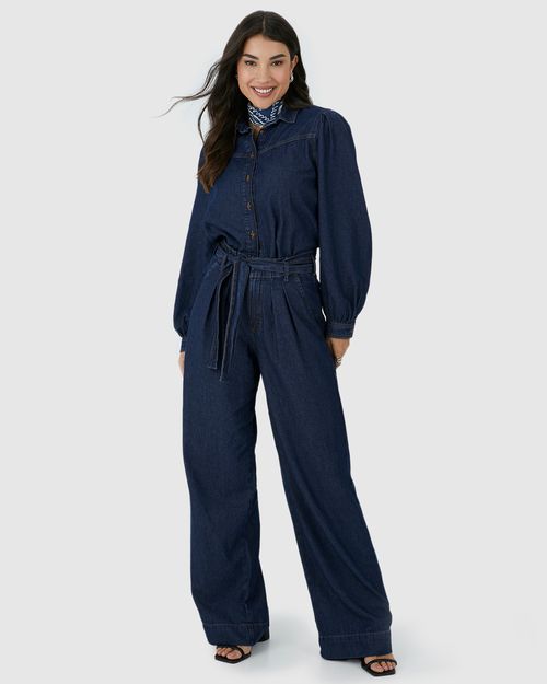 Calça Wide Leg Feminina Pregas Frontais Com Cinto Em Jeans Leve