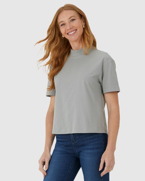 Blusa Básica Feminina Gola Alta Manga Curta Em Algodão
