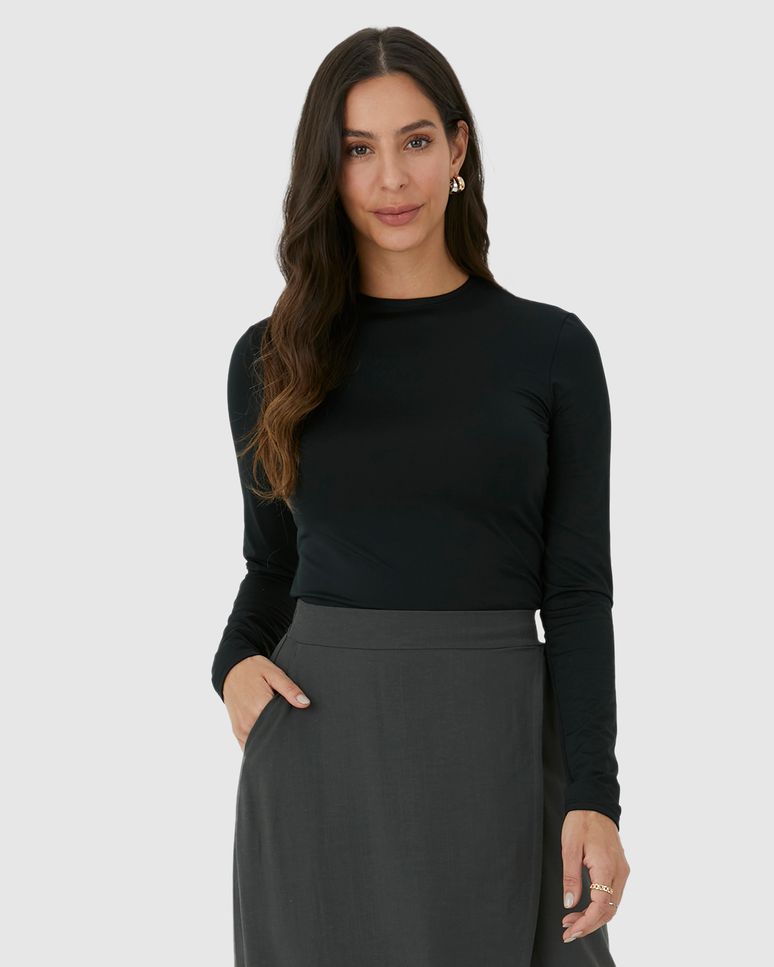 Blusa Básica Feminina Decote Redondo Manga Longa Em Malha Térmica