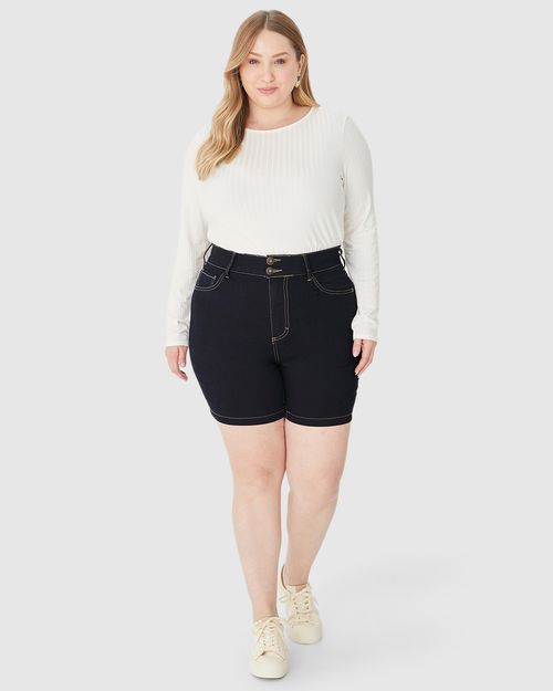 Bermuda Feminina Plus Size Cintura Média Em Jeans Com Elastano