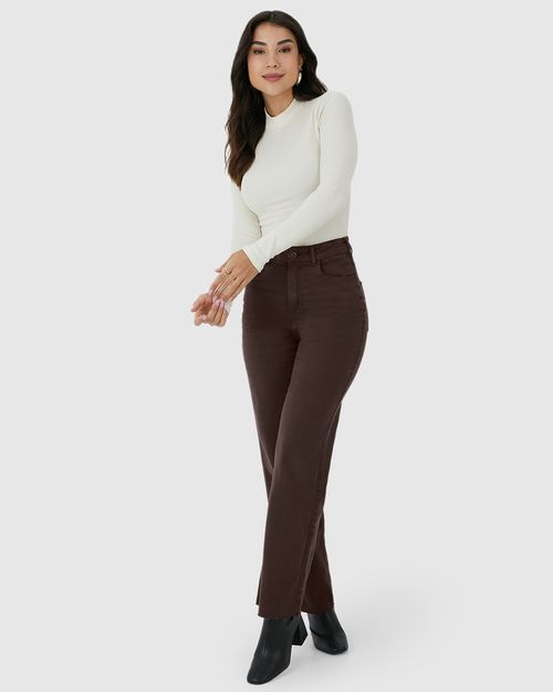 Calça Straight Cropped Feminina Cintura Alta Em Sarja Com Elastano