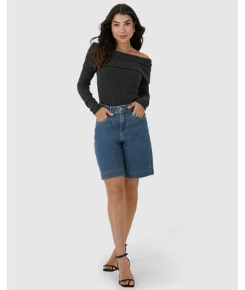 Bermuda Feminina Jorts Cintura Alta Em Jeans Com Elastano