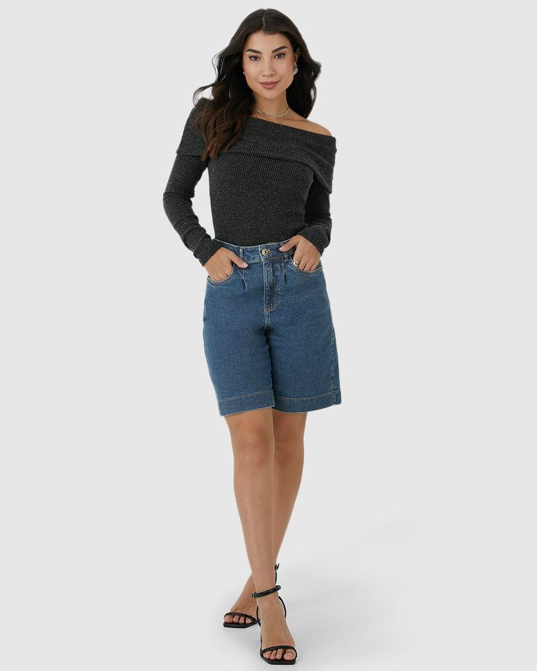 Bermuda Feminina Jorts Cintura Alta Em Jeans Com Elastano