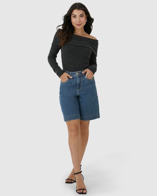 Bermuda Feminina Jorts Cintura Alta Em Jeans Com Elastano