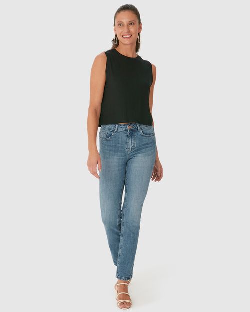 Calça Reta Feminina Bolso Funcional Em Flex Jeans