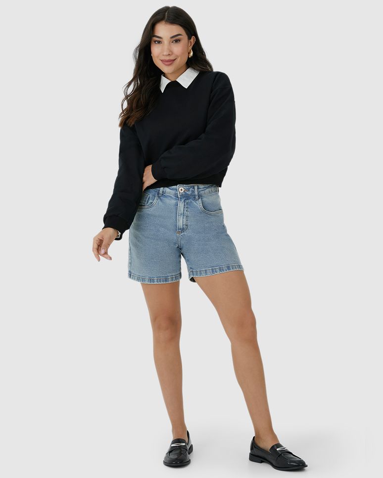 Bermuda Feminina Boyfriend Cintura Média Em Jeans Com Elastano