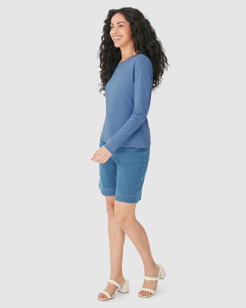 Blusa Básica Feminina Decote Redondo Manga Longa Em Algodão