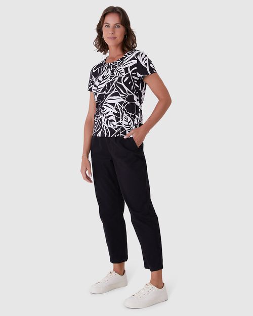 Blusa Feminina Decote Redondo Folhagem Em Algodão