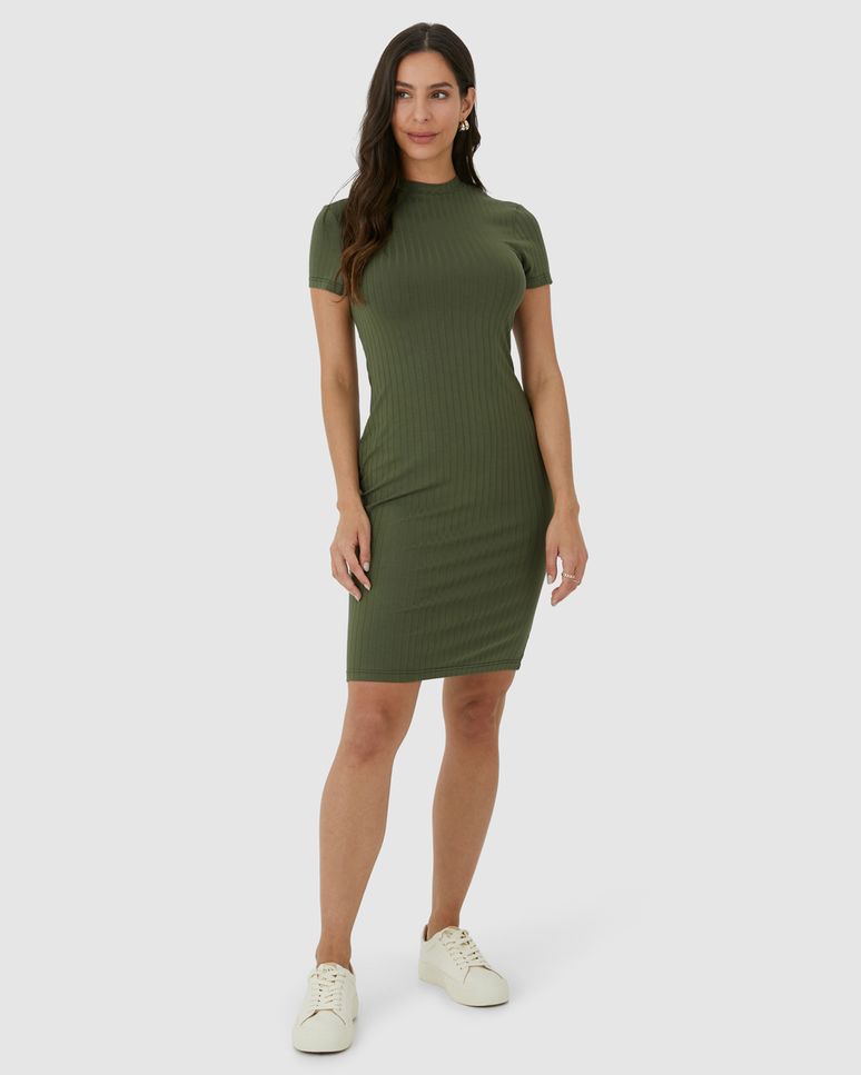 Vestido Básico Feminino Gola Alta Em Malha Canelada De Viscose