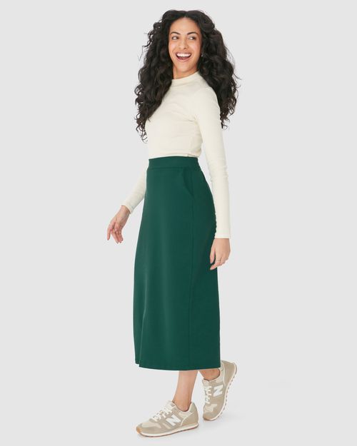Saia Midi Feminina Fenda Costas Em Moletom Stretch Flanelado