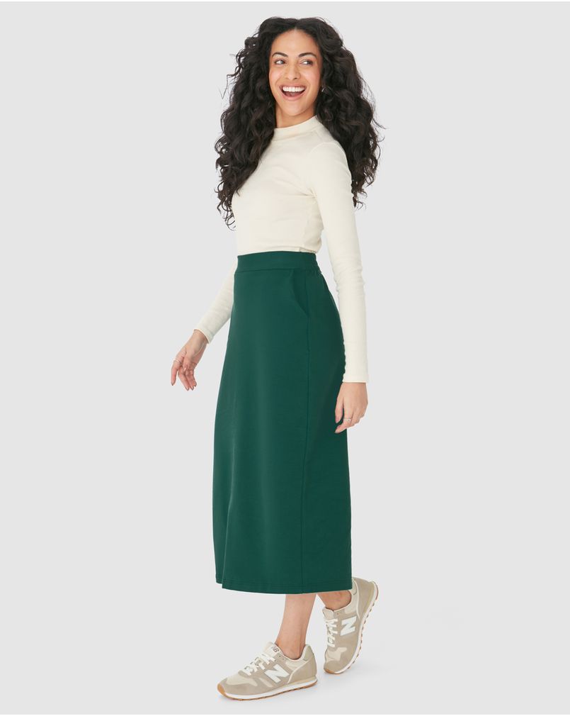 Saia Midi Feminina Fenda Costas Em Moletom Stretch Flanelado VERDE