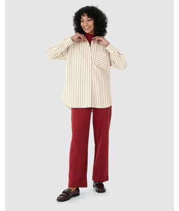 Camisa Ampla Feminina Listrada Bolso Frontal Em Algodão