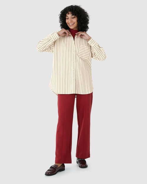 Camisa Ampla Feminina Listrada Bolso Frontal Em Algodão