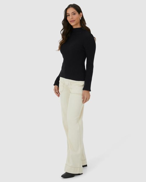 Blusa Básica Feminina Justa Gola Alta Em Tricô Canelado