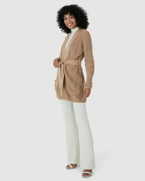Cardigan Feminino Transpassado Com Cinto Em Tricô