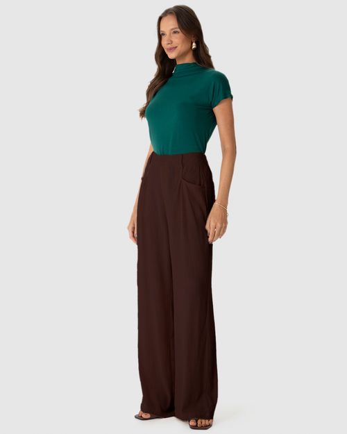 Calça Feminina Pantalona Bolso Frontal Em Viscolinho