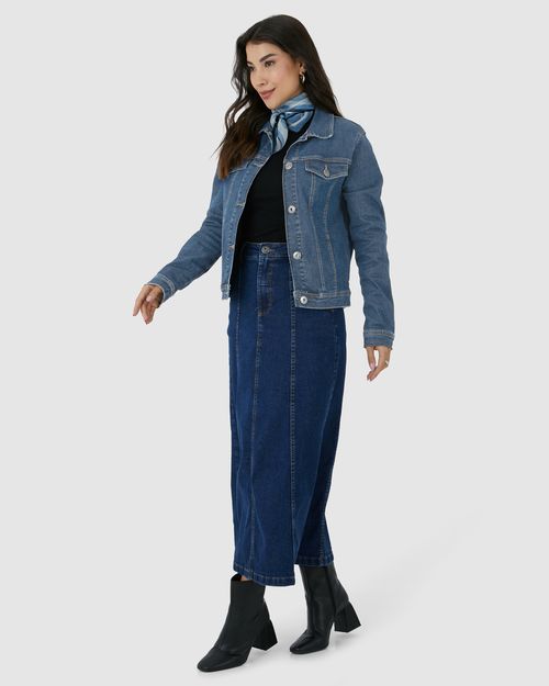 Jaqueta Feminina Lapela Decorativa Em Jeans Com Elastano