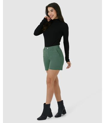 Shorts Feminino Alfaiataria Cintura Alta Em Sarja Com Elastano