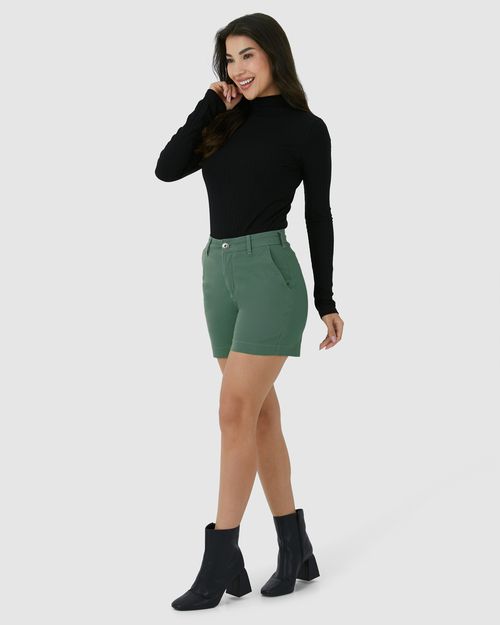 Shorts Feminino Alfaiataria Cintura Alta Em Sarja Com Elastano
