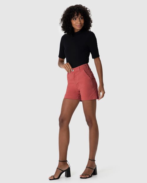 Shorts Feminino Alfaiataria Cintura Alta Em Sarja Com Elastano
