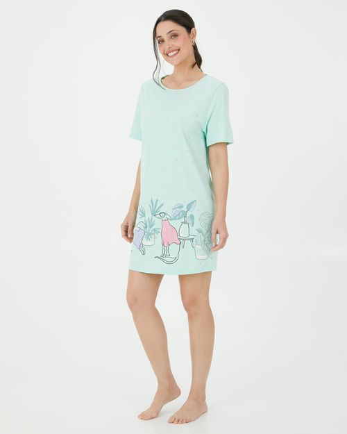 Camisola Feminina Manga Curta Estampada Em Algodão