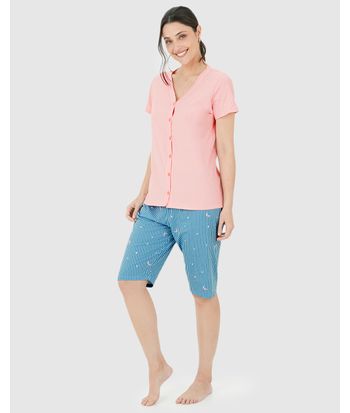 Pijama Feminino Camisa Abotoamento Frontal E Bermuda Em Algodão