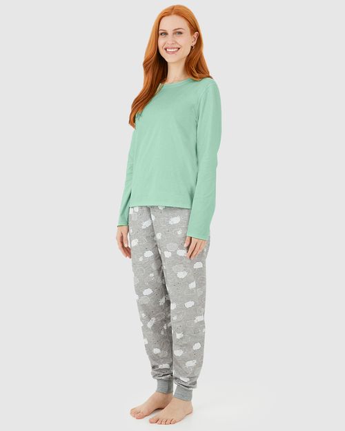 Pijama Feminino Blusa Manga Longa E Calça Estampada Em Algodão