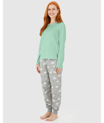 Pijama Feminino Blusa Manga Longa E Calça Estampada Em Algodão