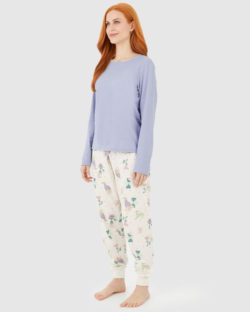 Pijama Feminino Blusa Manga Longa E Calça Estampada Em Algodão