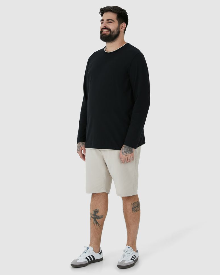 Camiseta Masculina Plus Size Gola Redonda Manga Longa Em Piquet Stretch