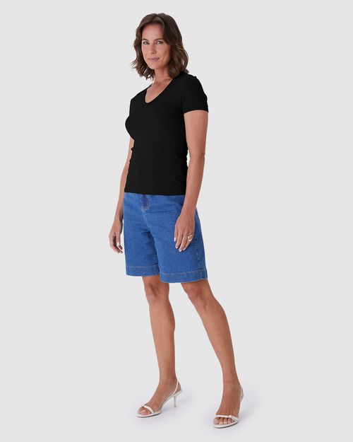 Blusa Básica Feminina Justa Decote V Em Malha Canelada De Viscose